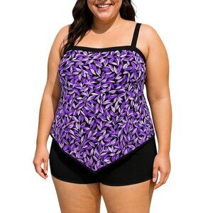 Croft & Barrow Womens Purple Black Leaf Print Tankini Swim Top Size XL